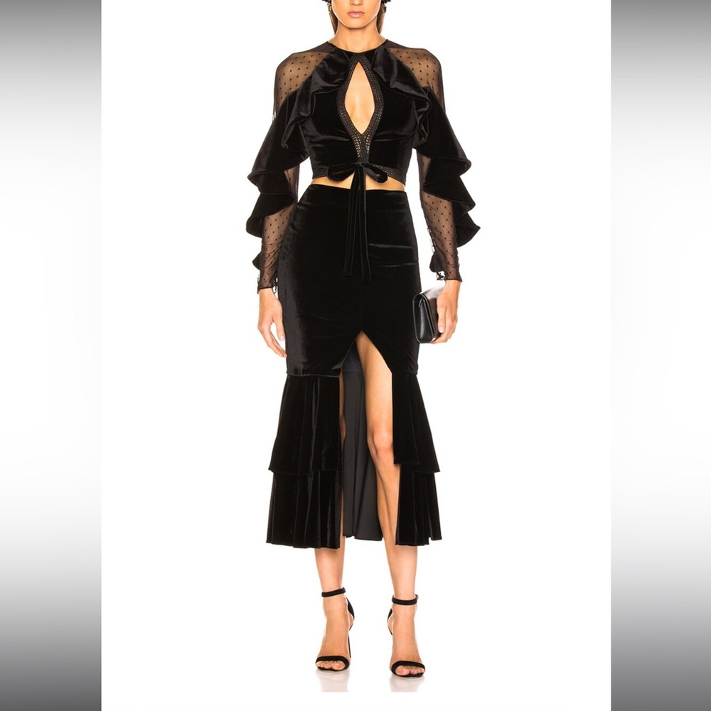 PatBO Velvet Ruffle top & Midi skirt set